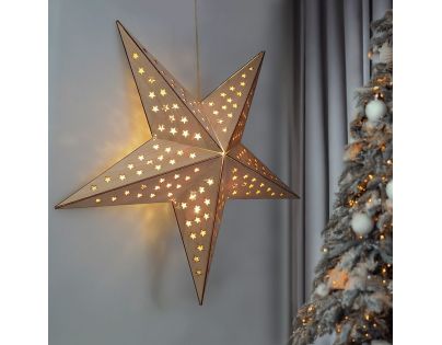 Solight LED dřevěná vánoční hvězda, závěsná, časovač, 20x LED, 65cm, 2x AA