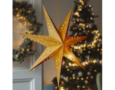 Solight LED vánoční hvězda zlatá, závěsná, časovač, 60cm, 20x LED, 2x AA