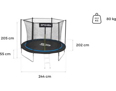 Spokey Jumper Trampolína černomodrá průměr 244 cm s ochrannou sítí a žebříkem