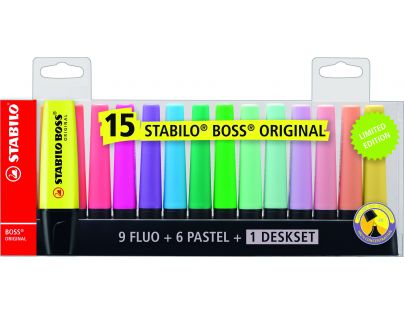 Zvýrazňovač STABILO BOSS ORIGINAL 15 ks deskset, 9 neonových a 6 pastelových barev