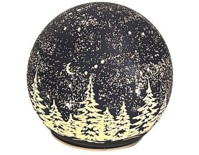 Svítící skleněná koule s motivem krajiny tmavě šedá, o 12 cm, teplá bílá, 10 LED, časovač