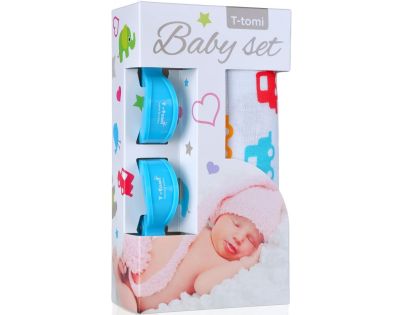 T-tomi Baby set Bambusová BIO osuška auta a kočárkový kolíček modrý