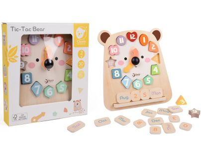 Teddies Hodiny medvěd výukové vkládačka dřevěné v krabici 26x29x5cm 24m+