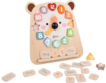Teddies Hodiny medvěd výukové vkládačka dřevěné v krabici 26x29x5cm 24m+