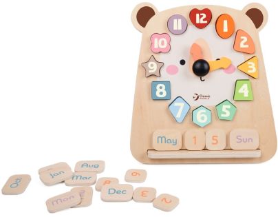 Teddies Hodiny medvěd výukové vkládačka dřevěné v krabici 26x29x5cm 24m+