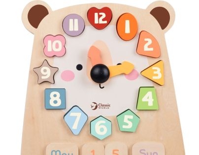 Teddies Hodiny medvěd výukové vkládačka dřevěné v krabici 26x29x5cm 24m+