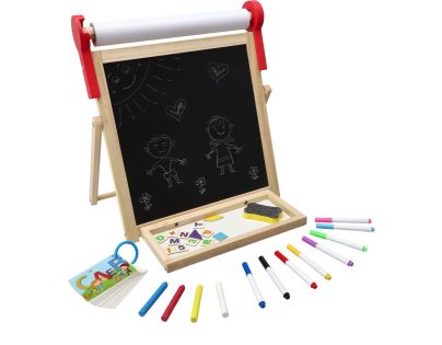 Teddies Tabule oboustranná magnetická dřevo černá-bílá 33x33cm s rolí papíru s doplňky v krabici 37x43cm