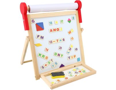 Teddies Tabule oboustranná magnetická dřevo černá-bílá 33x33cm s rolí papíru s doplňky v krabici 37x43cm