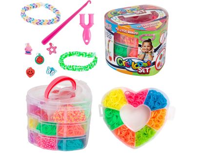 Teddies Udělej si svůj náramek - gumičky 2700ks + náčiní v plastové krabičce tvar srdce 16x13cm