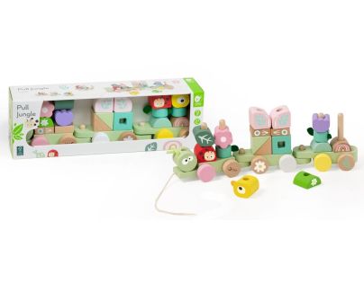 Teddies Vlak + 2 vagóny jungle dřevo tahací stavebnice 27 dílků v krabici 38x12x8cm 12m+