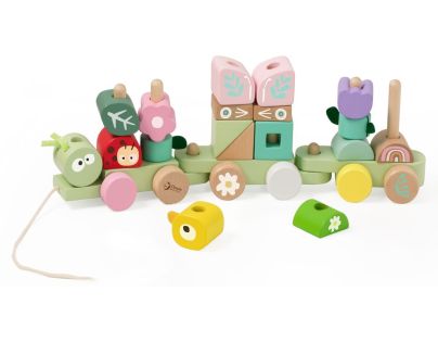 Teddies Vlak + 2 vagóny jungle dřevo tahací stavebnice 27 dílků v krabici 38x12x8cm 12m+