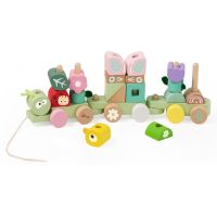 Teddies Vlak + 2 vagóny jungle dřevo tahací stavebnice 27 dílků v krabici 38x12x8cm 12m+ 2