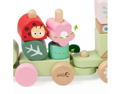 Teddies Vlak + 2 vagóny jungle dřevo tahací stavebnice 27 dílků v krabici 38x12x8cm 12m+