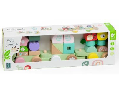 Teddies Vlak + 2 vagóny jungle dřevo tahací stavebnice 27 dílků v krabici 38x12x8cm 12m+