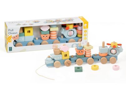 Teddies Vlak + 2 vagóny oceán dřevo tahací stavebnice 28 dílků v krabici 38x12x8cm 12m+