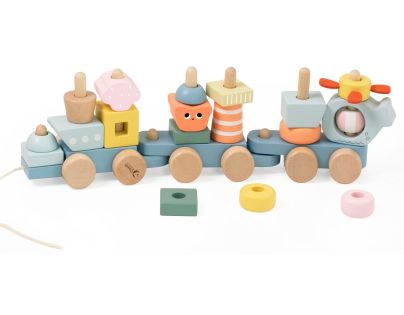 Teddies Vlak + 2 vagóny oceán dřevo tahací stavebnice 28 dílků v krabici 38x12x8cm 12m+