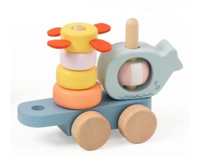 Teddies Vlak + 2 vagóny oceán dřevo tahací stavebnice 28 dílků v krabici 38x12x8cm 12m+