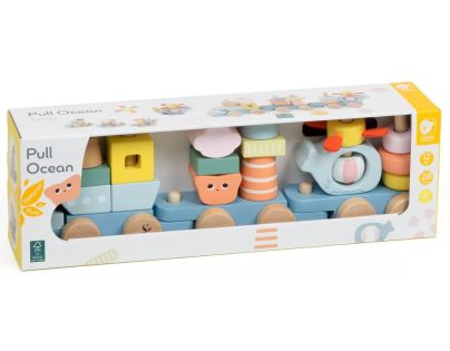 Teddies Vlak + 2 vagóny oceán dřevo tahací stavebnice 28 dílků v krabici 38x12x8cm 12m+