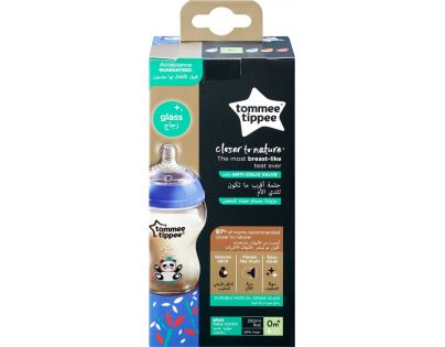 Tommee Tippee Kojenecká láhev C2N 250ml skleněná potisk Blue