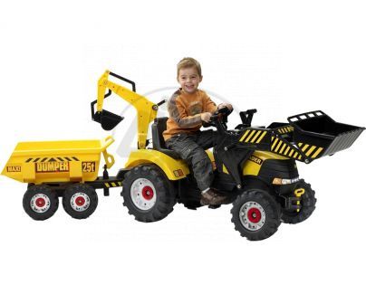Falk Šlapací traktor žlutý s dvoukolovým valníkem a přední i zadní lžící