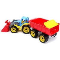 Traktor modrý s přední lžící a červeným vlekem 2