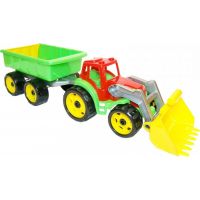 Traktor červený se lžící a zelenou vlečkou