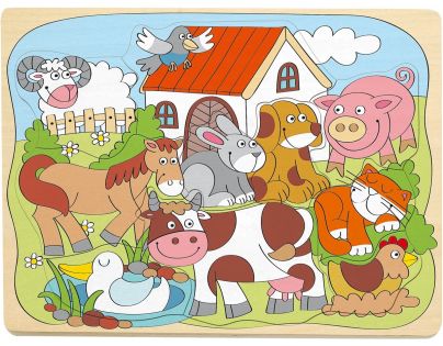 Woody Puzzle na desce Domácí veselá zvířátka 10 dílků