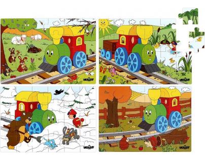 Woody Puzzle v krabičce 4 motivy jaro, léto, podzim, zima Mašinka