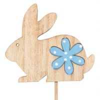 Anděl Zajíček dřevěný na špejli s kytičkou modrou 8 cm