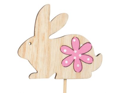 Anděl Zajíček dřevěný na špejli s kytičkou růžovou 8 cm